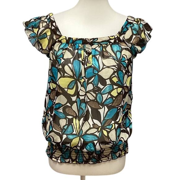 BCX Medium Sheer Gathered Waist Boatneck Ruffled Sleeve Geometric Floral Blouse - Picture 1 of 5